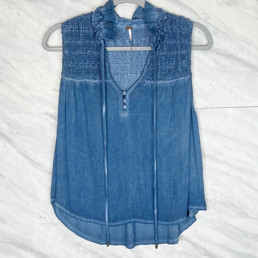 Free People Blue Ruffle Me Up Blouse Small